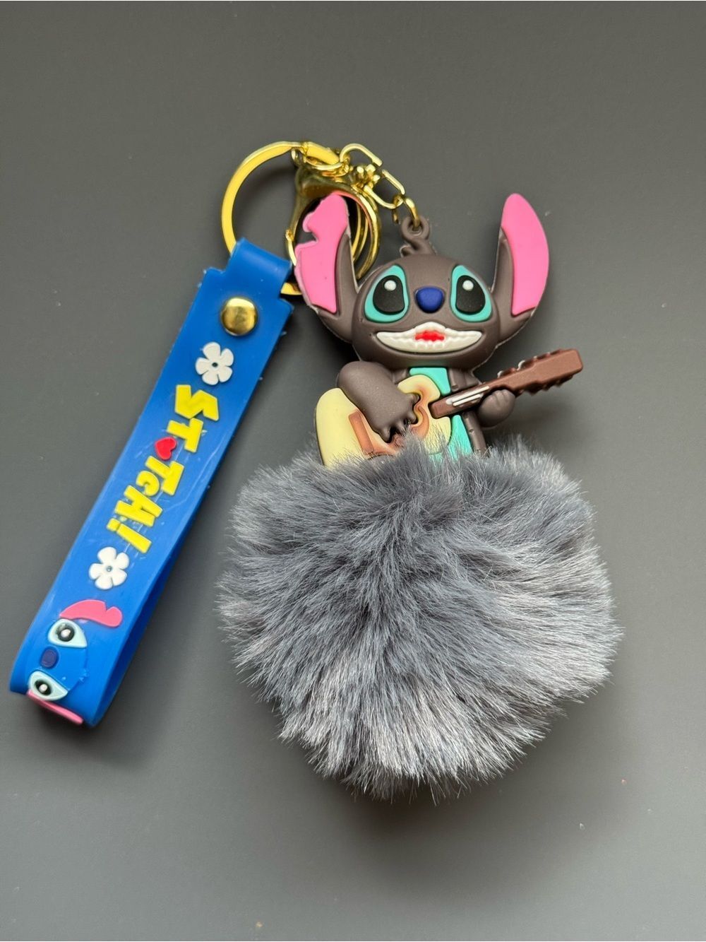 Blue Stitch Fluffy Pom Pom Keychain Bag Charm with Guitar Charm NIP - Picture 7 of 9